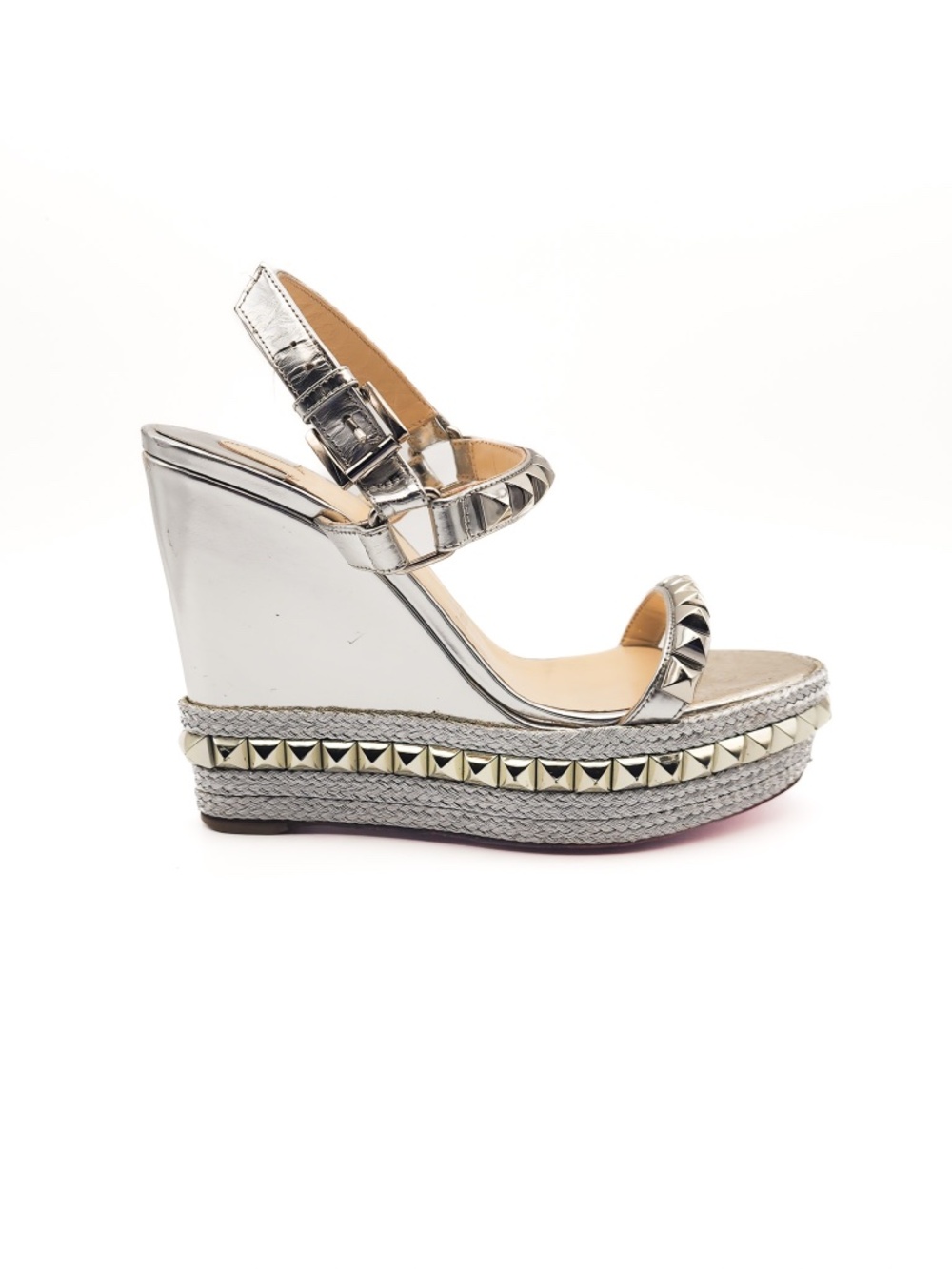 Christian Louboutin Metallic Silver Studded Espadrille Platform Sandals EU 38